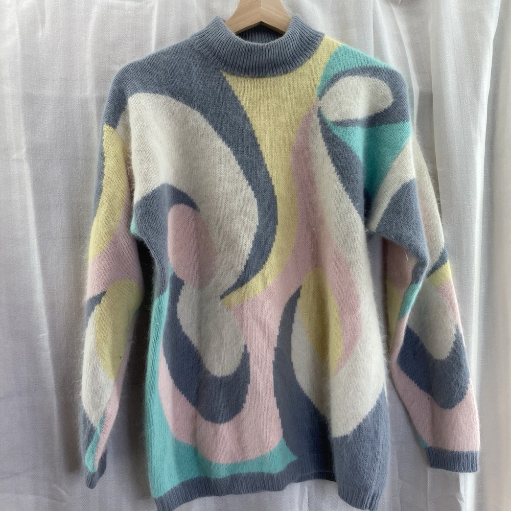 Vintage 80s Rafaella Sweater Angora Sz‎ M Colorblock Mock Turtleneck Lambswool